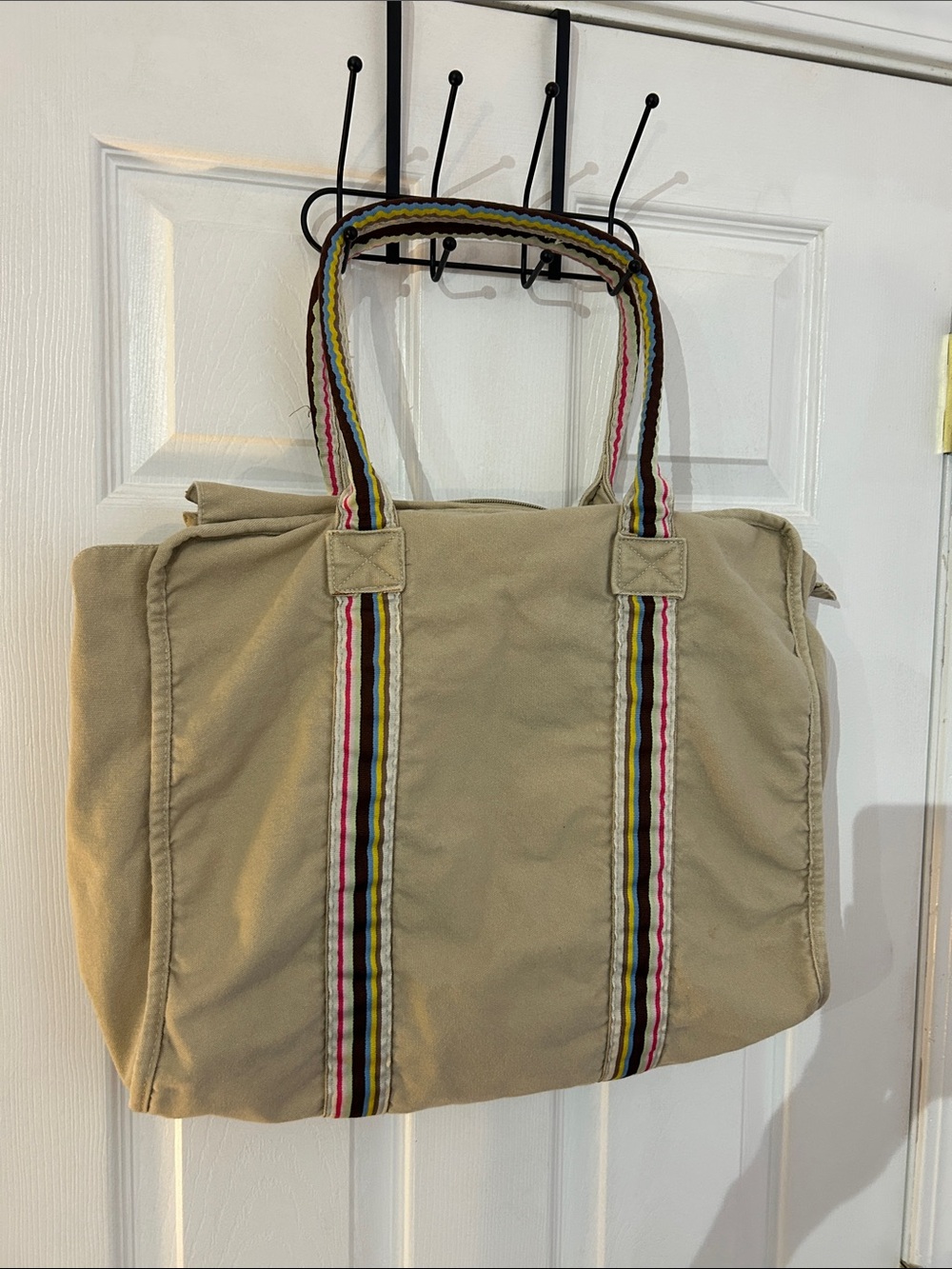 Vintage Canvas Tote Bag with Multicolor Stripe Handles - Beige